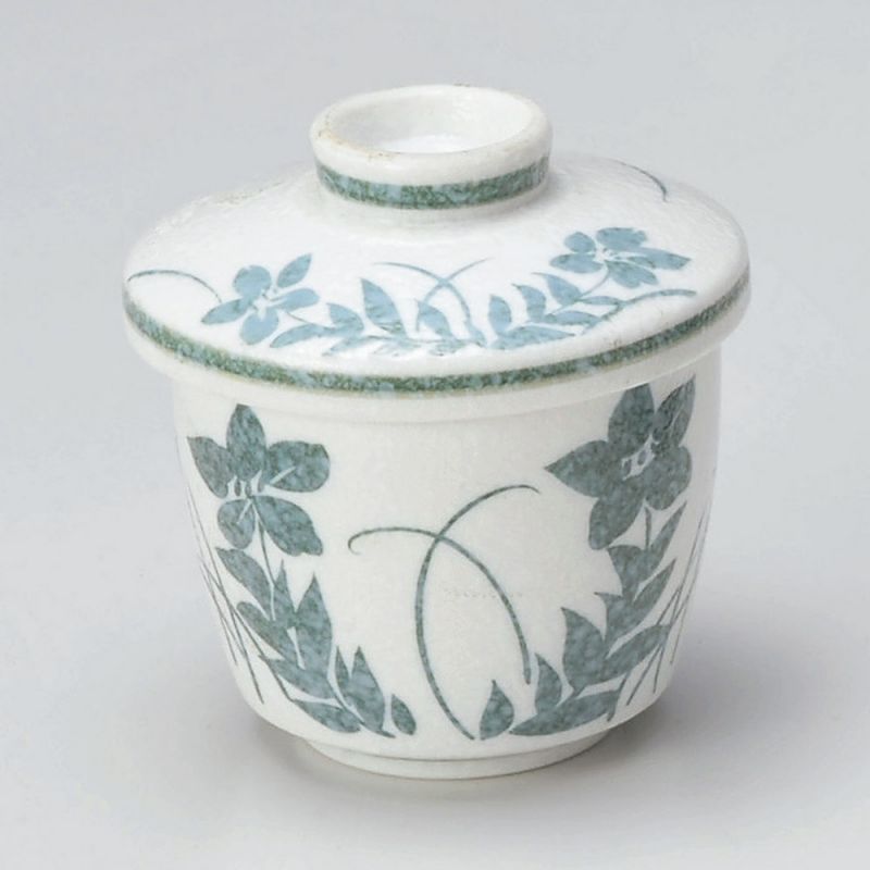 Tasse japonaise avec couvercle chawan mushi, gris et fleurs bleues - AOI HANA
