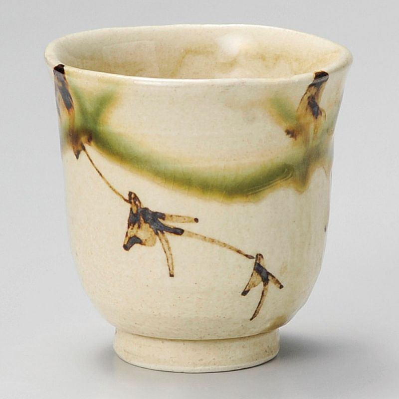 Japanische Keramik-Teetasse, beige mit grünen Linien - BEJU
