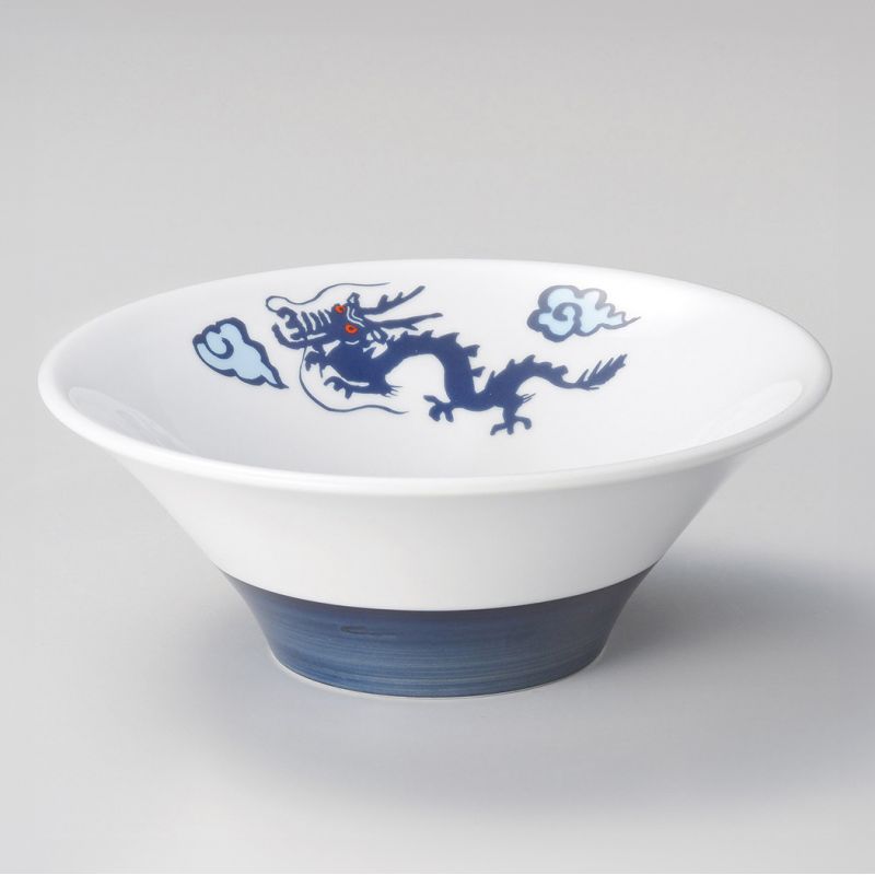 Japanese white ceramic ramen bowl, RYU, blue dragon and clouds