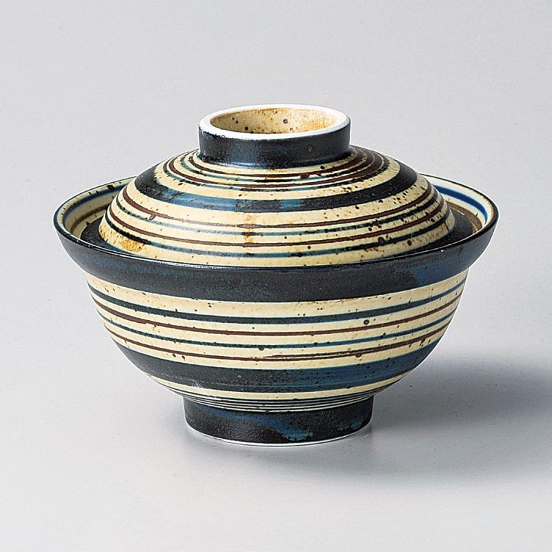 bol japonais en céramique avec couvercle, AOKOMASUJI, bleu et marron