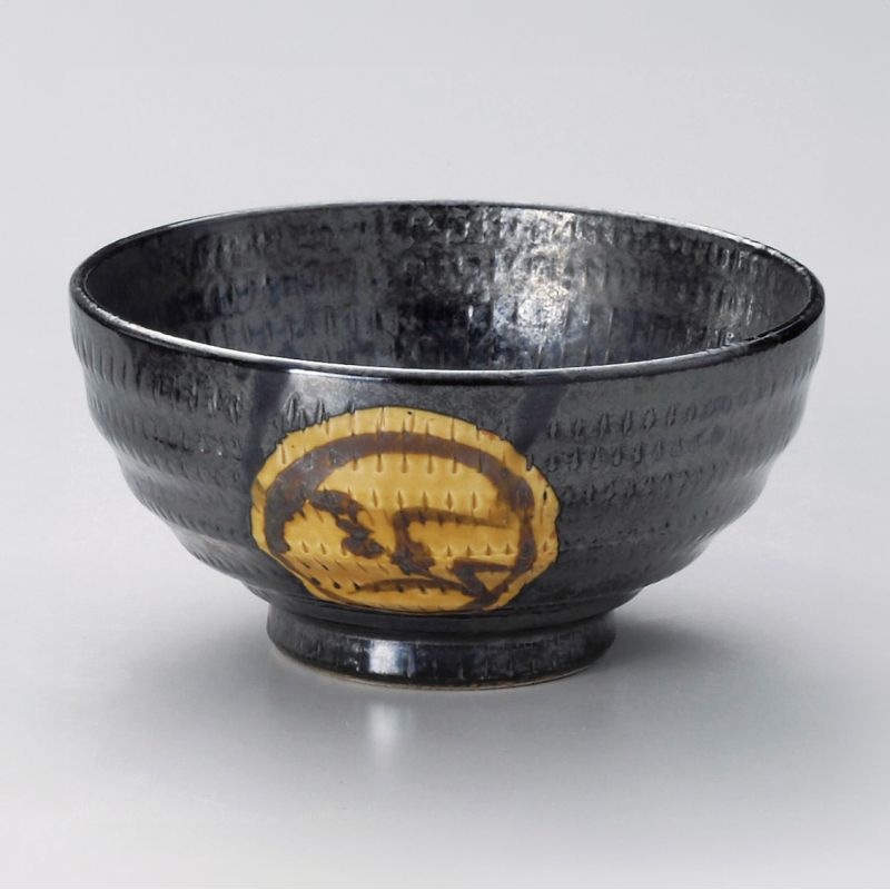 Japanese ceramic rice bowl, IGETA, black and brown