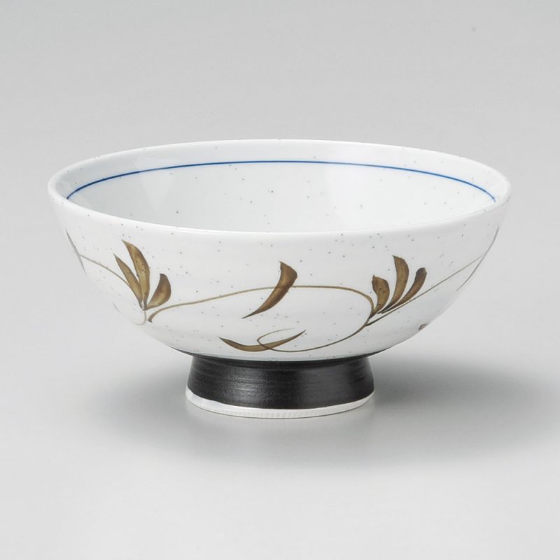 Japanese ceramic rice bowl, beige, brown arabesques - ARABESUKU