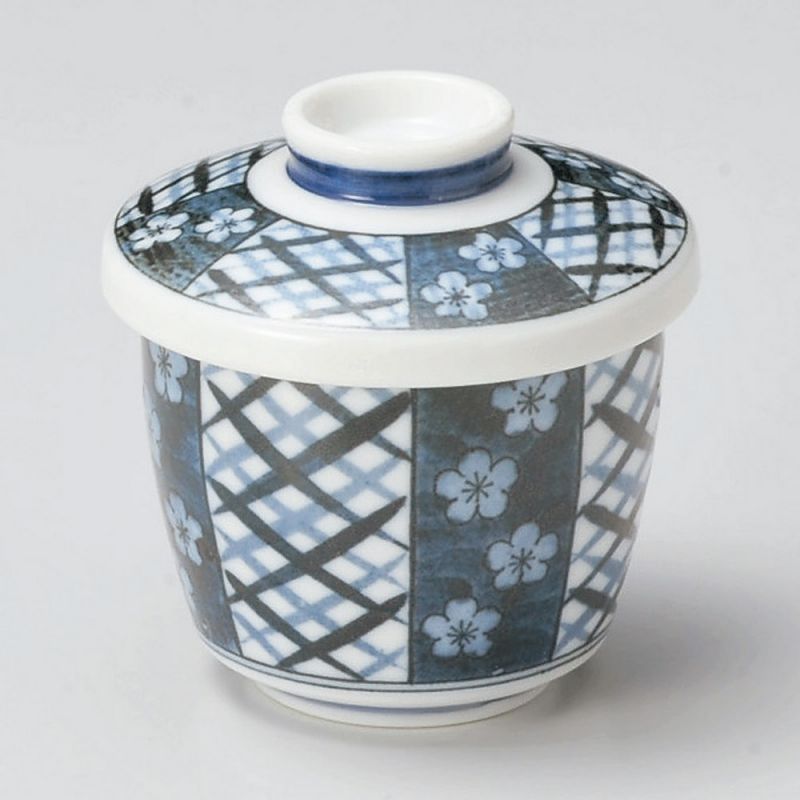Ceramic chawanmushi tea bowl, white and blue, latticework and plum blossom pattern, UME