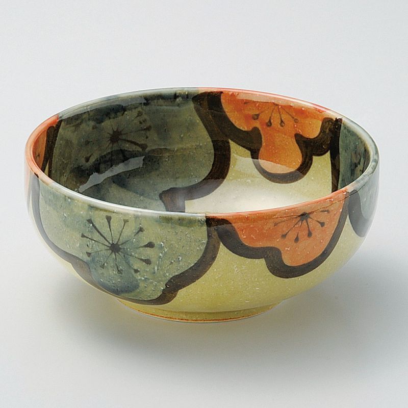 Ciotola giapponese in ceramica beige con fiori rossi e blu, FURAWAZU AOI AKA