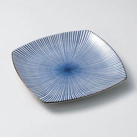 assiette carrée japonaise, SENDAN TOKUSA, blanche et bleue