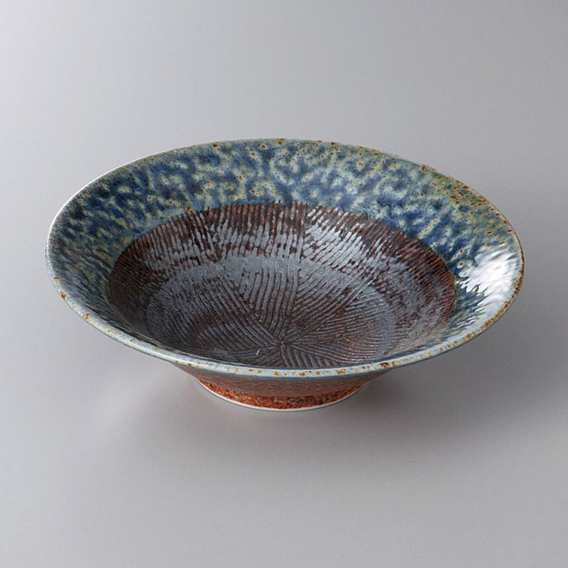 bol évasé japonais en céramique Ø24 cm, marron et bleu indigo, CHAIRO INDIGOBURU