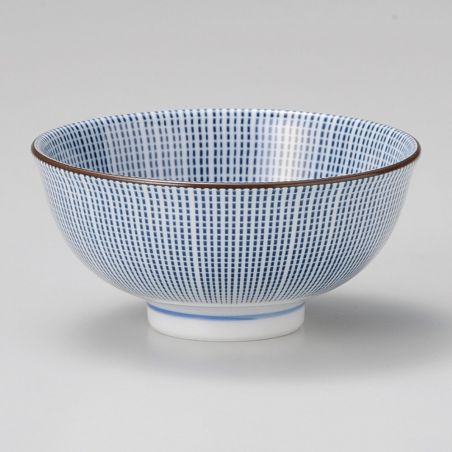 Japanese ceramic rice bowl, SENDAN TOKUSA, blue lines