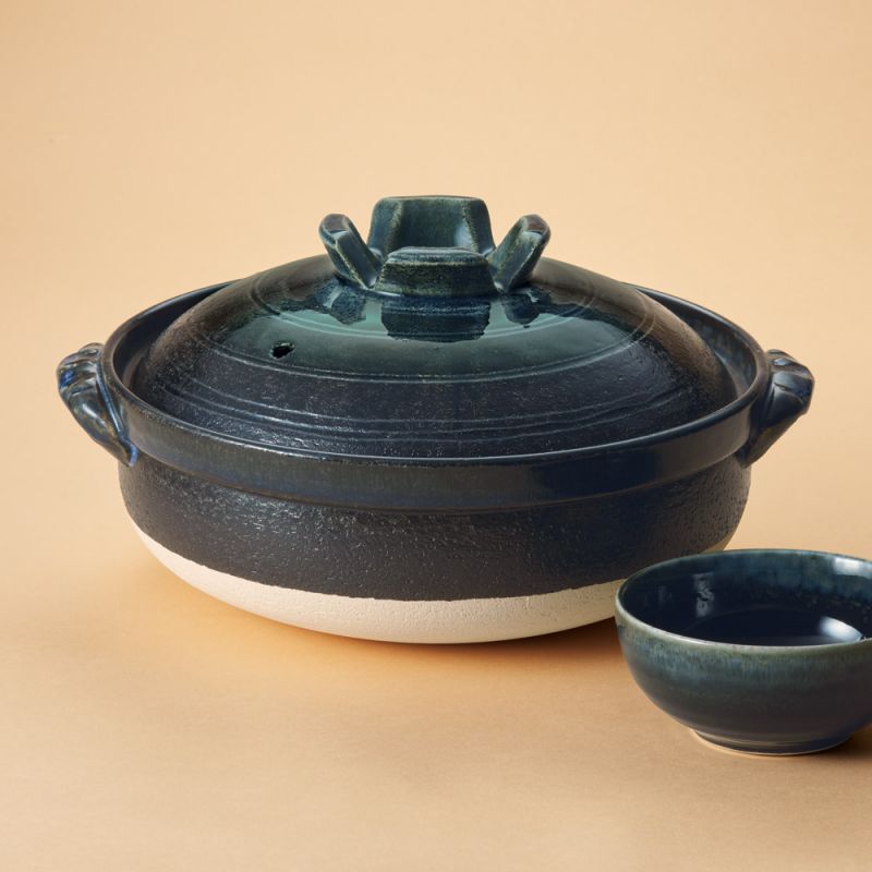 Pentola di terracotta per fonduta giapponese sukiyaki nabemono DONABE KURO UWAGUSURI