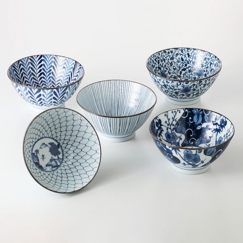 set of 5 Japanese ramen bowls MOYO, Blue and white