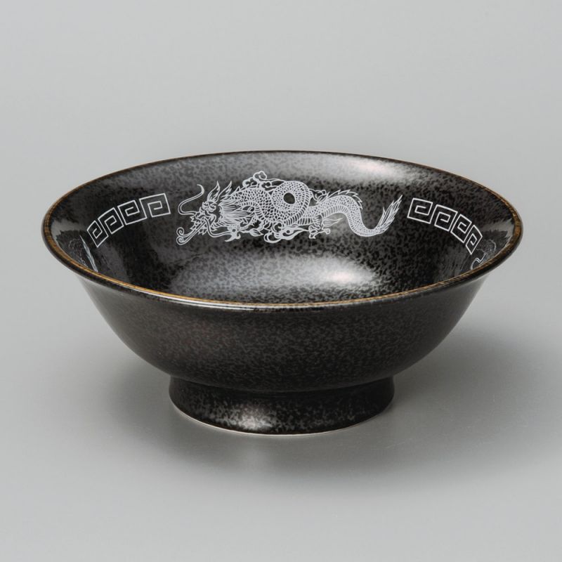Japanese black ceramic ramen bowl, white dragon, DORAGON