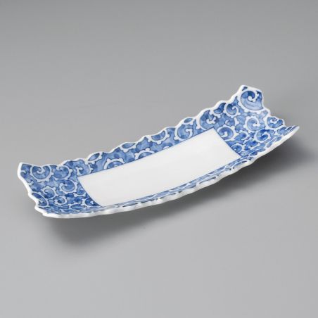 Japanese rectangular plate, white with blue patterns, KARAKUSA