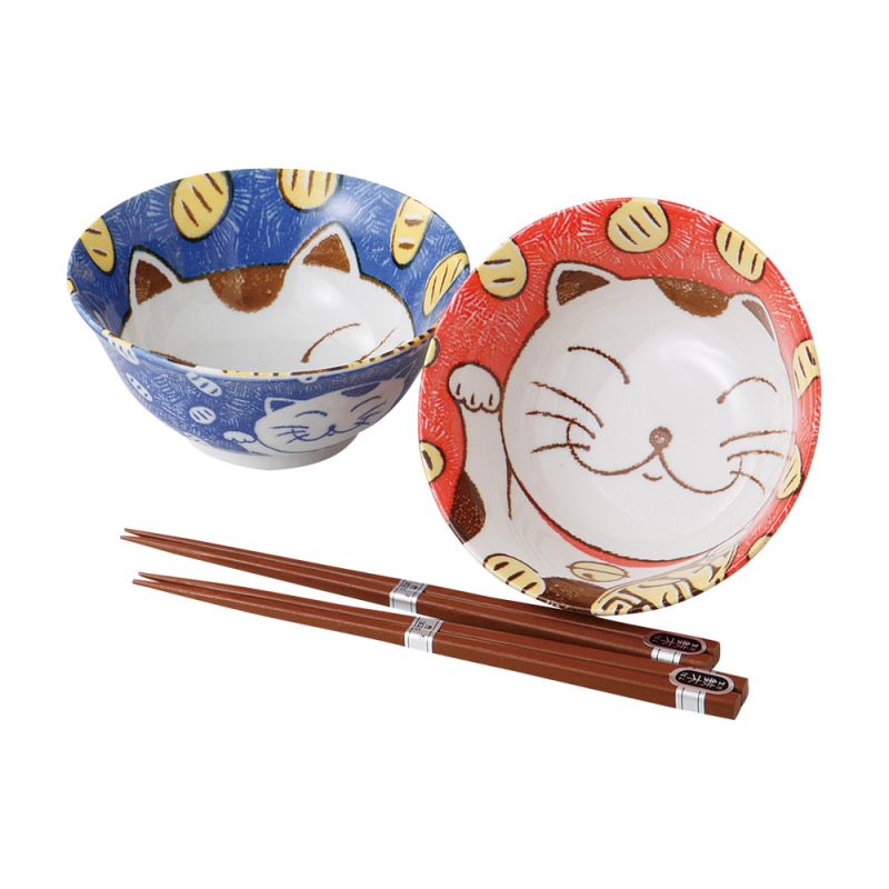 Set de 2 bols de riz traditionnels japonais avec images de chat et paires de baguettes NEKO