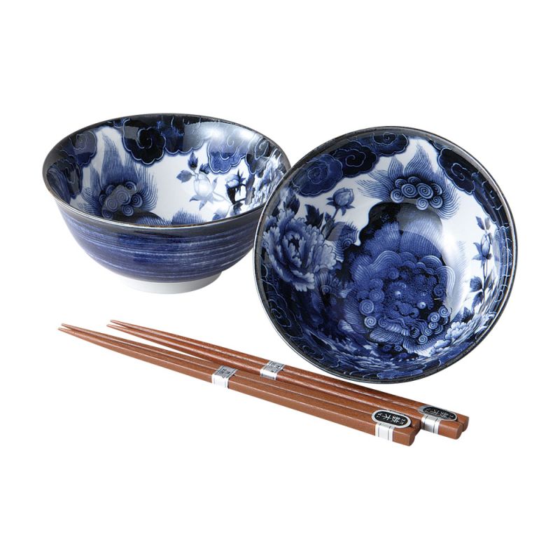Set mit 2 japanischen blauen Schalen aus blau-weißer Keramik mit Pfingstrosenmuster – BOTAN