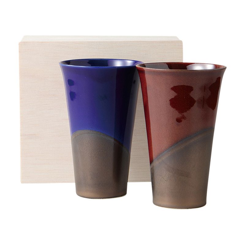 Duo of tall Japanese purple and red ceramic tea cups - DO