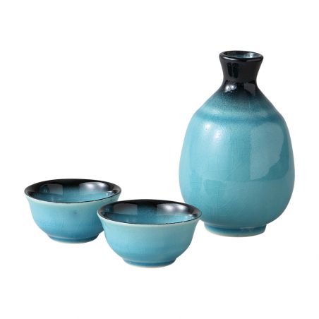 Service à saké japonais en céramique, 1bouteille et 2 tasses, RAGUN, bleu lagon