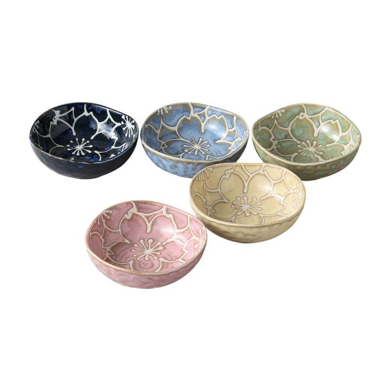 Set de 5 petits bols à thé japonais en céramique triangulaire en fleurs de cerisier - SAKURA
