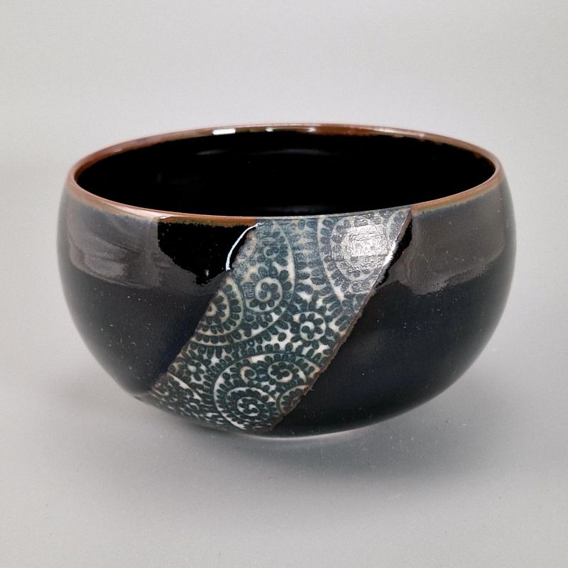 Cuenco de arroz japonés de cerámica, negro con banda estampada, KARAKUSA