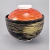 Japanese ceramic rice bowl with lid, black, red and gold, HOSOI SEN