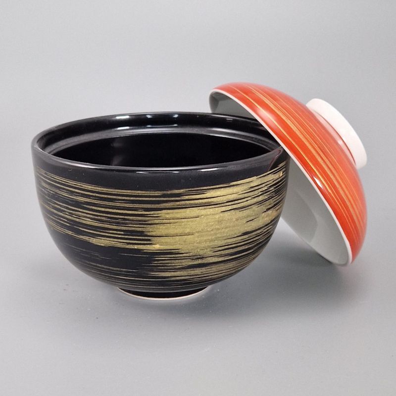 Cuenco de arroz japonés de cerámica con tapa, negro, rojo y dorado, HOSOI SEN