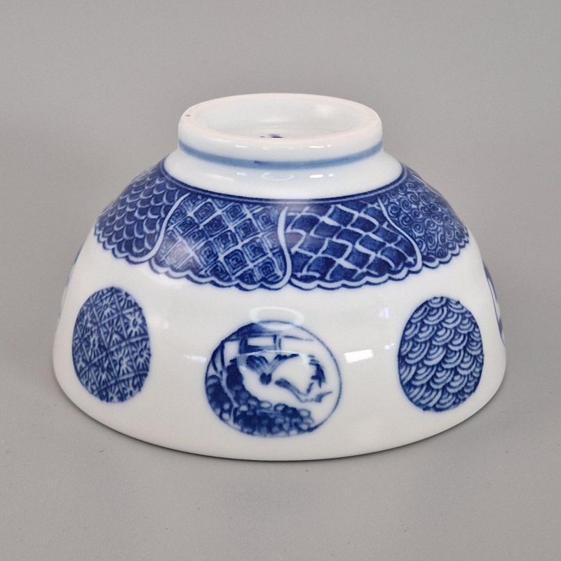 Japanische keramische Reisschale, MARUMON SANSUI, blaue Muster