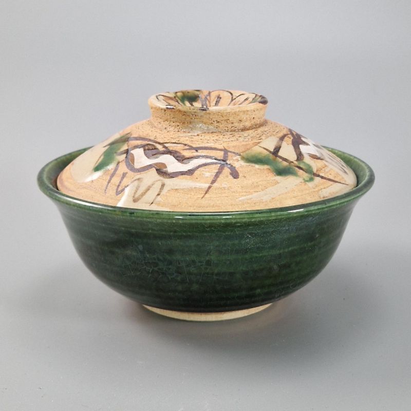 Bol japonais en céramique avec couvercle, ORIBE MARUMON KODAMA, vert
