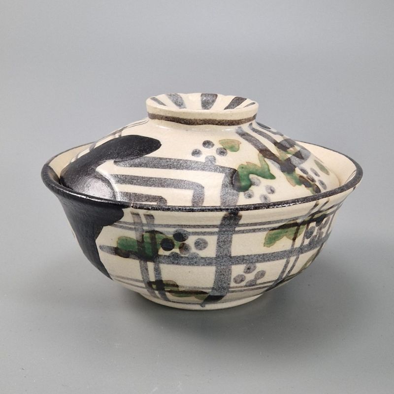 Ciotola in ceramica giapponese con coperchio, ORIBE MARUMON KODAMA, beige e verde