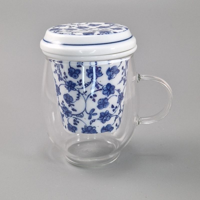 Tazza da tè giapponese in vetro e ceramica con coperchio, motivi blu e bianchi, HANA