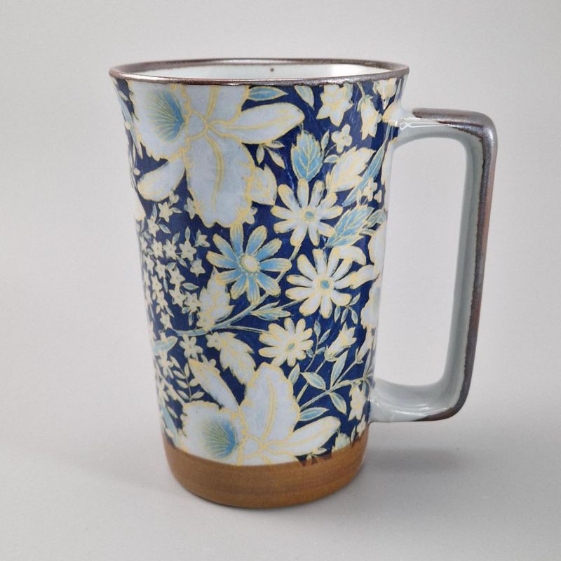 Grand mug japonais à thé en céramique - Shippo Fleurs Bleu