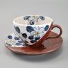 Ceramic tea cup with handle and saucer, brown and flowers - AOI HANA