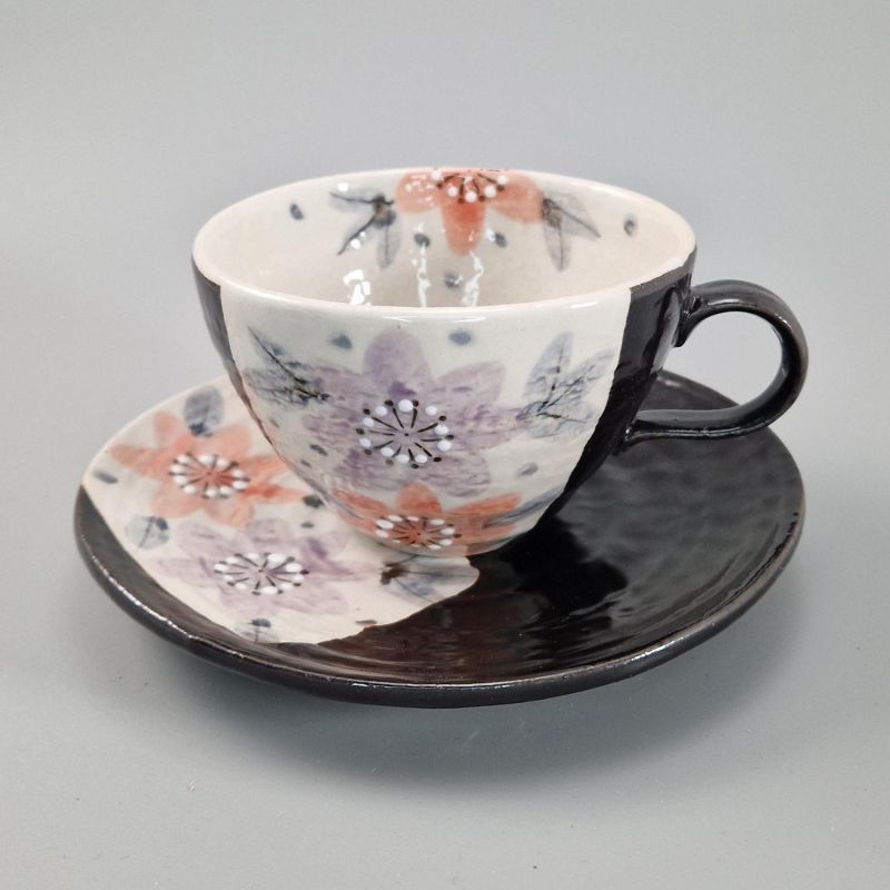 Ceramic tea cup with handle and saucer, black and flowers - HANA