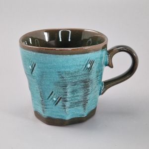 Tazza giapponese in ceramica marrone e blu, linee e punti, DOT