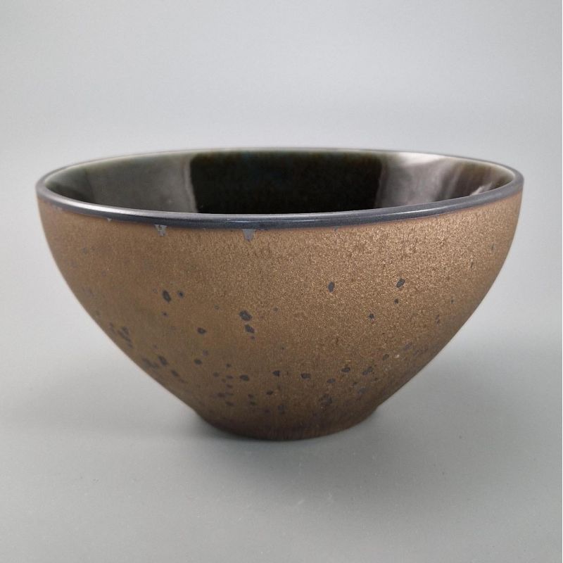 Piatto fondo in ceramica giapponese, marrone glitterato metallizzato, interno verde blu - METARIKKU