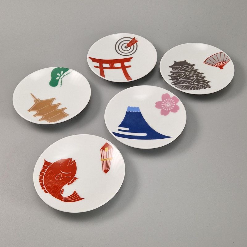 Set of 5 small Japanese ceramic cups, traditional illustrations - DENTO
