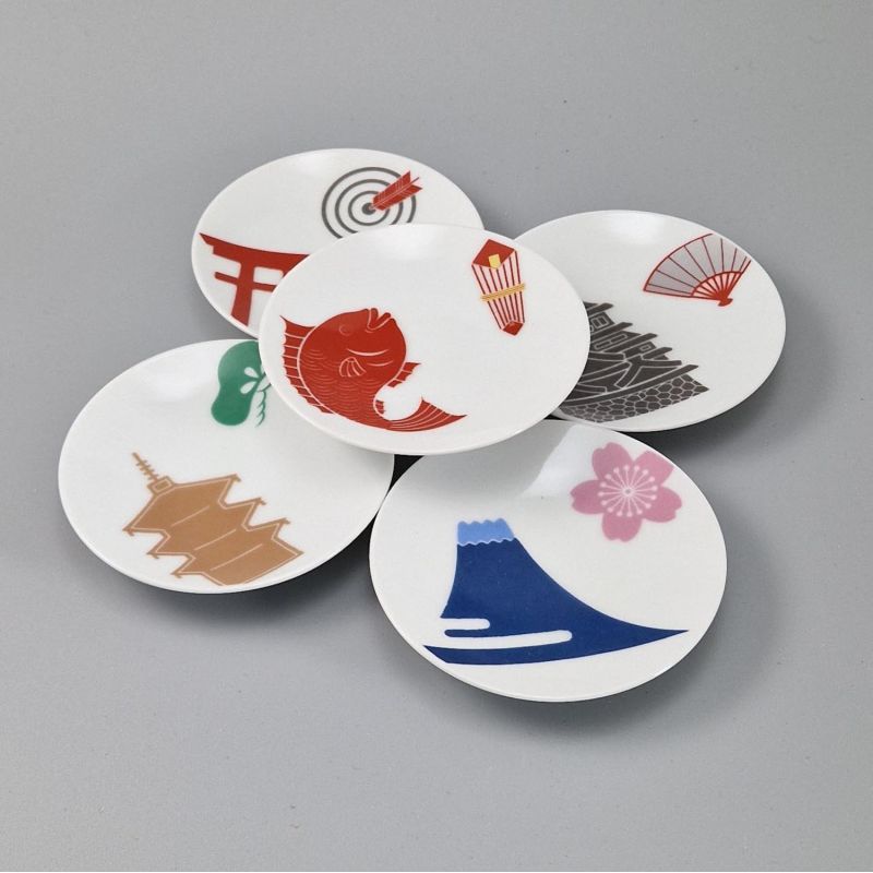 Set mit 5 kleinen japanischen Keramikbechern, traditionelle Illustrationen - DENTO
