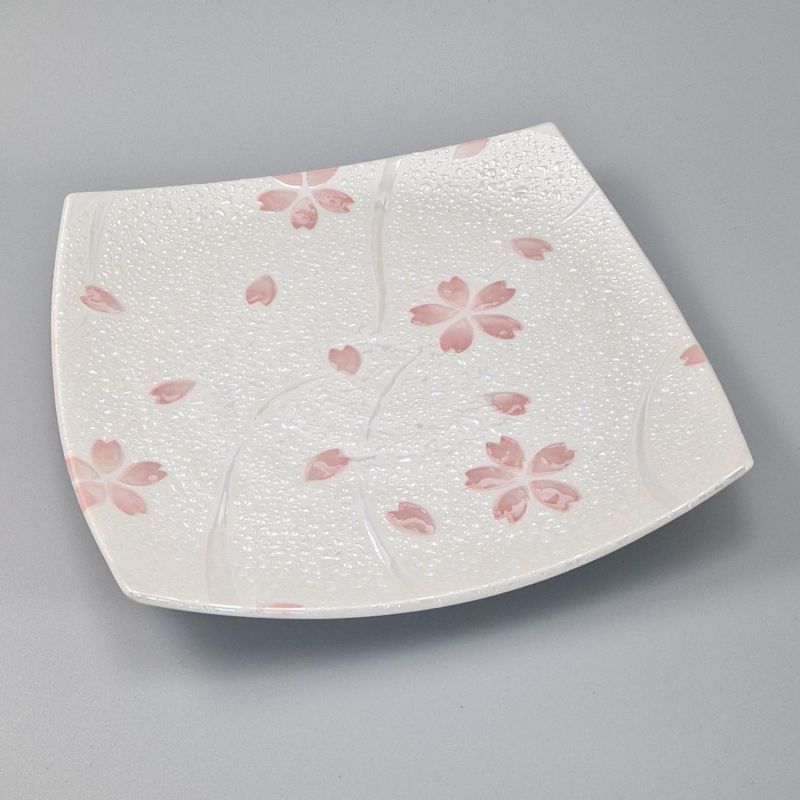 Piatto quadrato in ceramica giapponese, bianco con riflessi argento - SHIRUBA SAKURA
