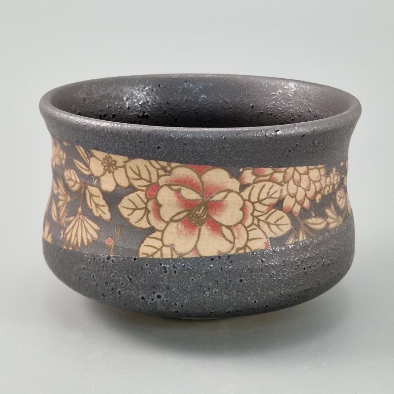 Bol japonais pour cérémonie du thé en céramique, KURO FURURU, noir et fleurs