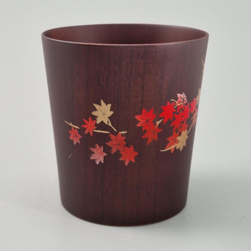 Tazza da tè giapponese in legno natsume scuro con motivo foglie d'acero laccato oro e argento, MAKIE MOMIJI