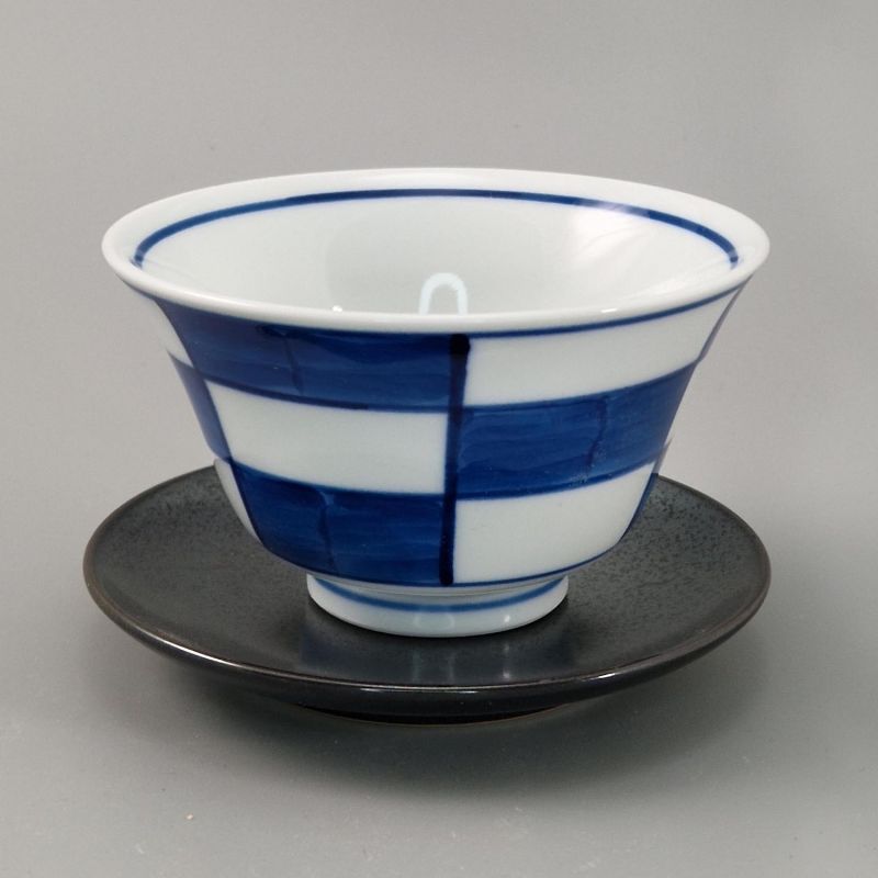 Japanese blue checkered ceramic cup and gray saucer
