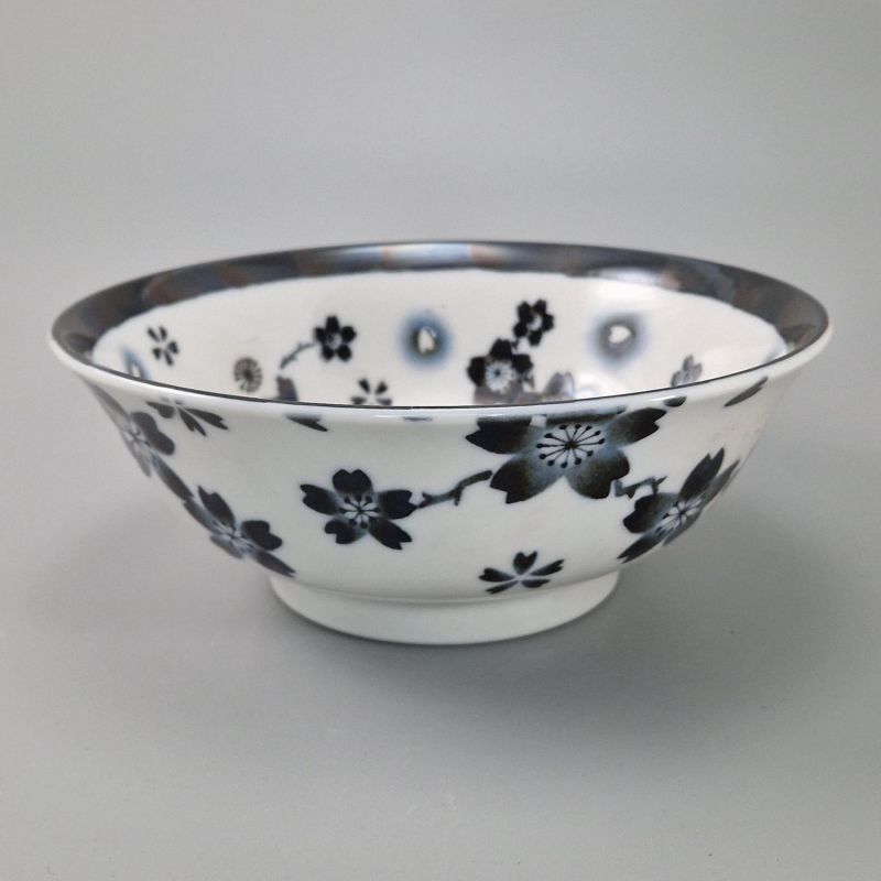 bol japonais à ramen en céramique fleurs HANASAKURA, blanc et noir