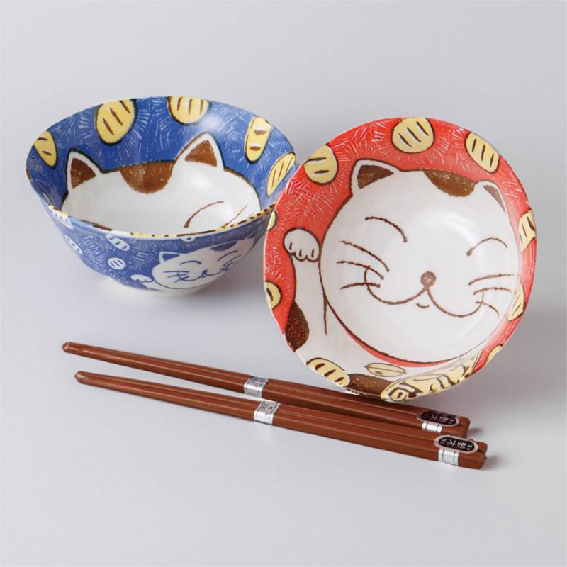 2 rice bowls set with cat pictures and pairs of chopsticks red and blue NEKO