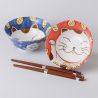 2 rice bowls set with cat pictures and pairs of chopsticks red and blue NEKO