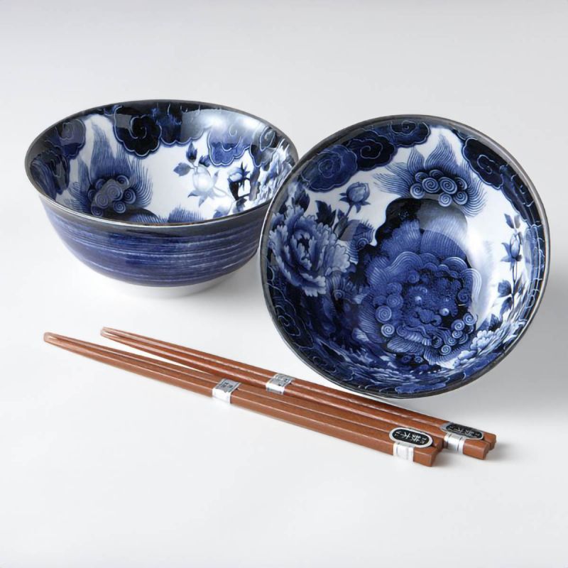 Set di 2 ciotole blu giapponesi in ceramica blu e bianca con motivo peonie - BOTAN