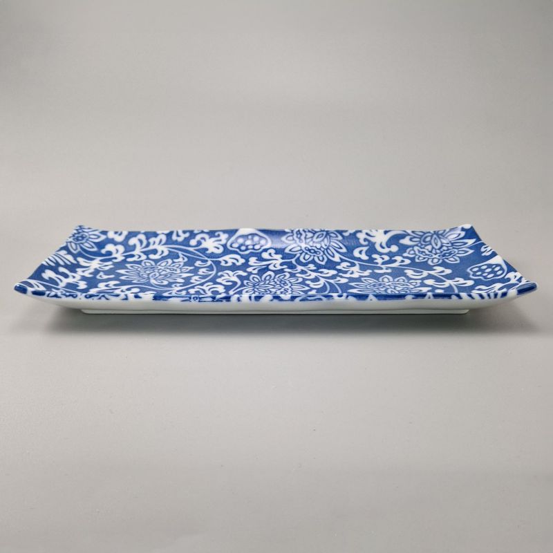 Piatto rettangolare giapponese in ceramica, fiori blu e bianchi - HANA