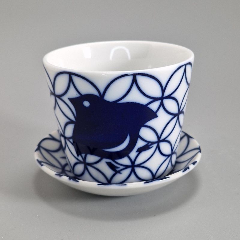 Tasse à thé en céramique avec soucoupe, blanc et oiseau bleu - AOI CHIDORI