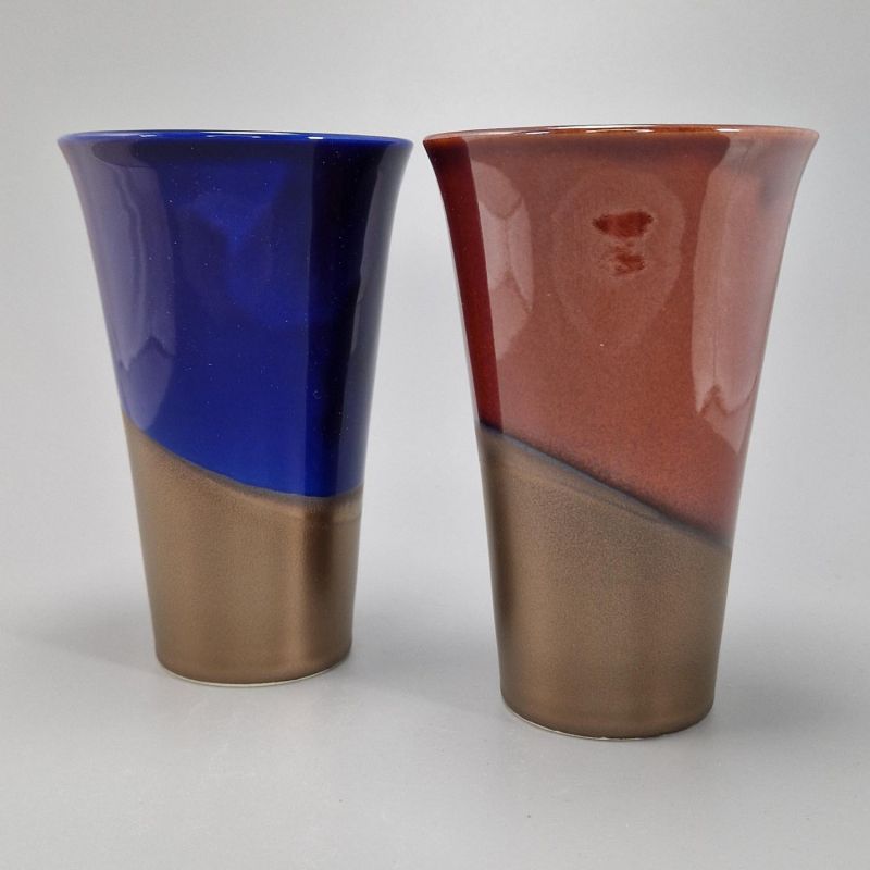 Duo of tall Japanese purple and red ceramic tea cups - DO