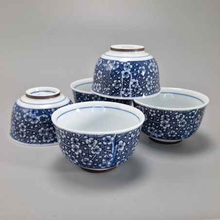 Juego de 5 tazas japonesas azules y pequeñas flores de ciruela - UME