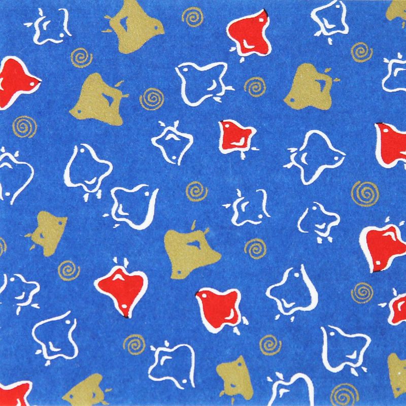 Japanese paper sheet, YUZEN WASHI, blue, swirls and birds, Uzumaki Chidori
