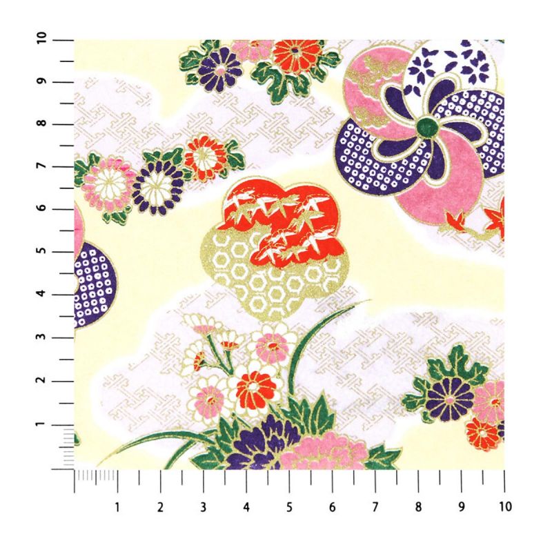Japanese paper sheet, YUZEN WASHI, beige, Kumochiri with flower patterns