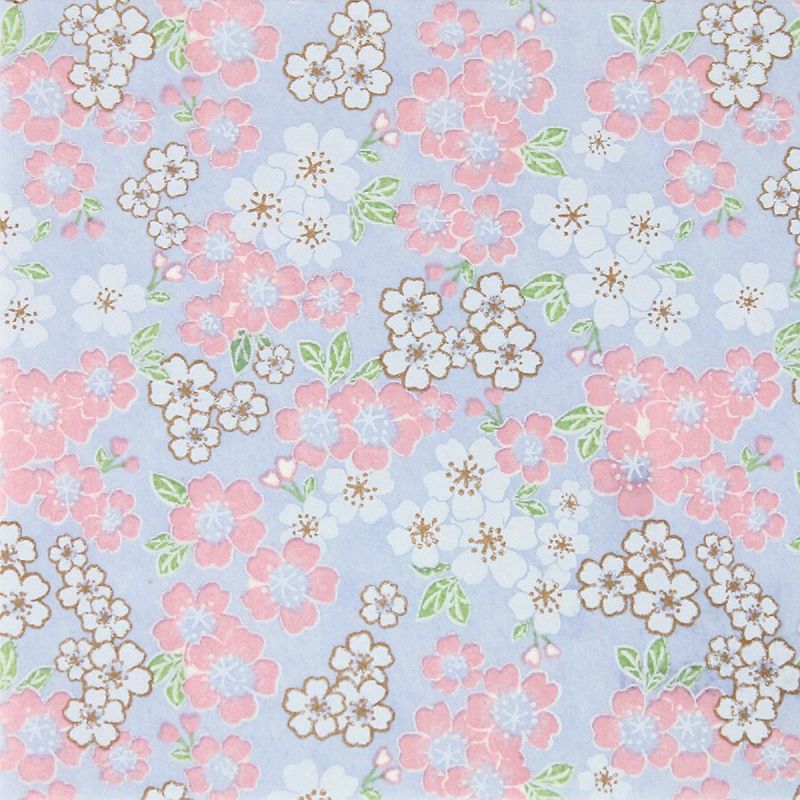 hoja grande de papel japonés, YUZEN WASHI, azul, flores de cerezo en plena floración, pequeña