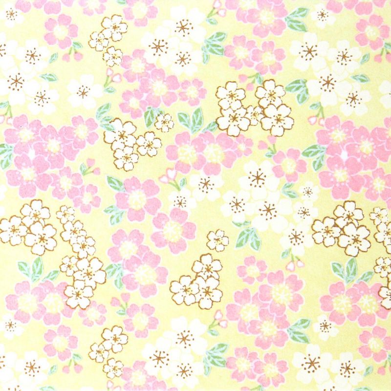 grande feuille papier japonais, YUZEN WASHI, jaune, Fleurs de cerisier en pleine floraison petite